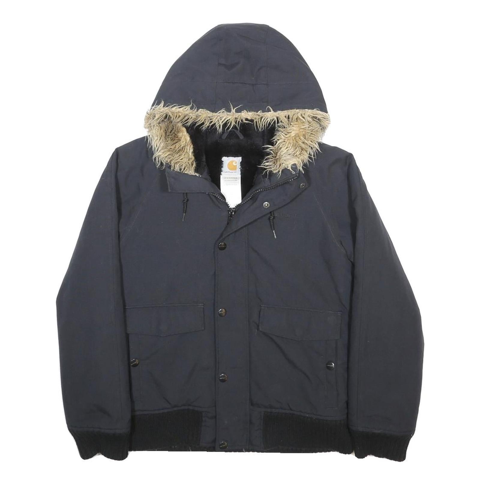 CARHARTT Mens Black Hooded Bomber Jacket S Polyester Warm Workwear Zip