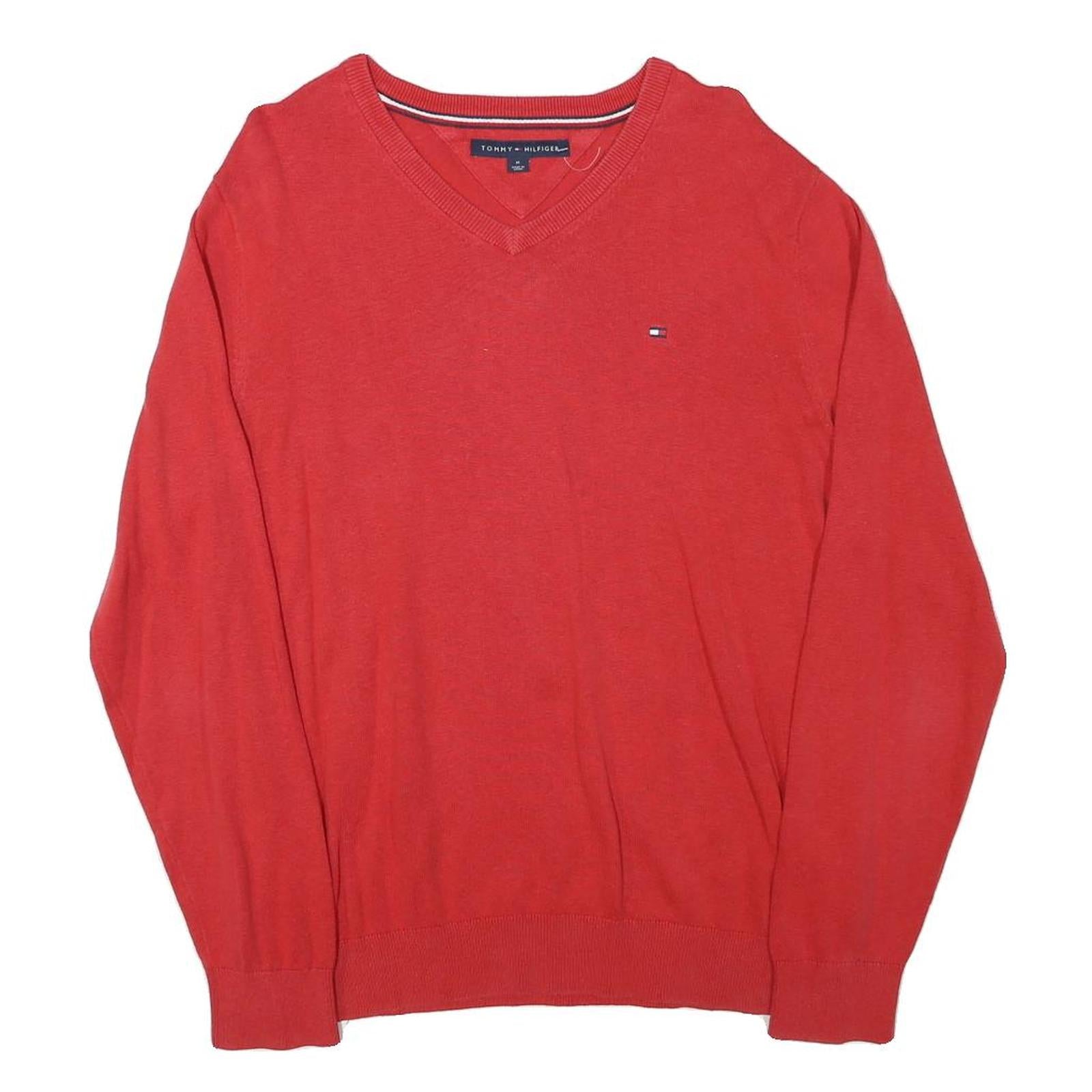 TOMMY HILFIGER Mens Red V-Neck Plain Jumper Cotton Blend M Classic Fit
