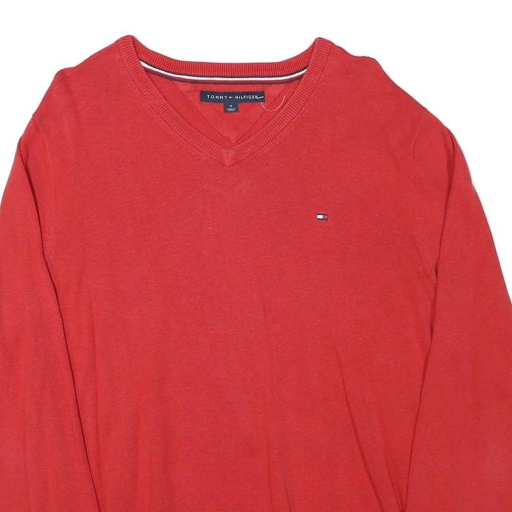 TOMMY HILFIGER Mens Red V-Neck Plain Jumper Cotton Blend M Classic Fit