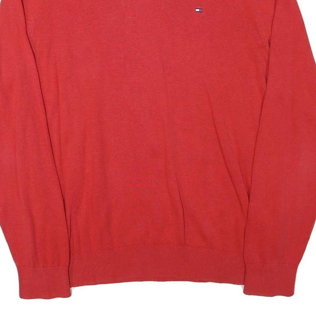 TOMMY HILFIGER Mens Red V-Neck Plain Jumper Cotton Blend M Classic Fit