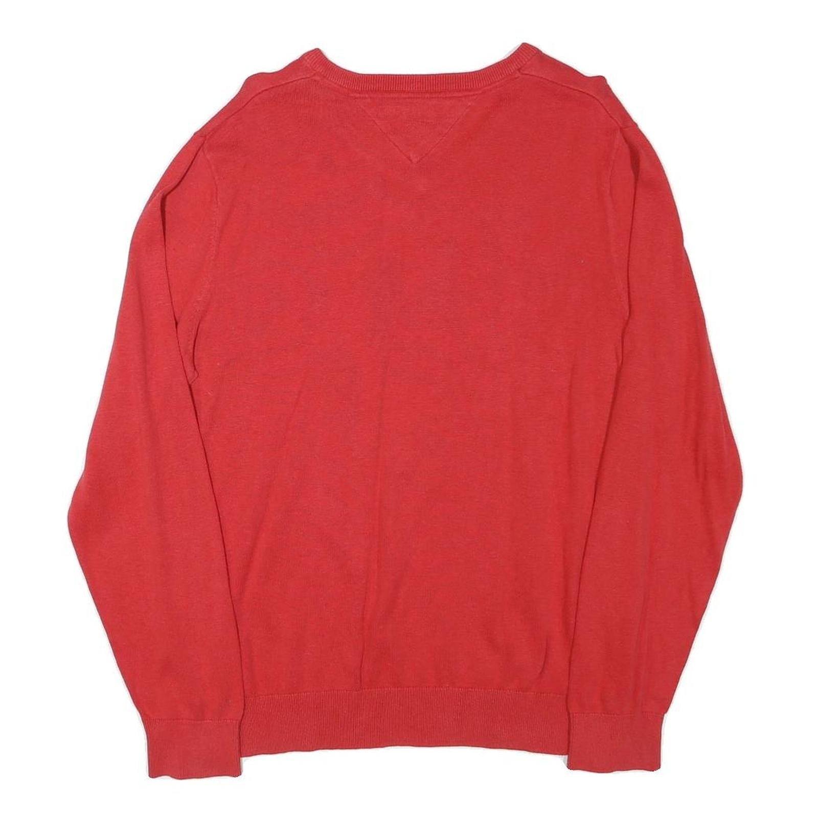 TOMMY HILFIGER Mens Red V-Neck Plain Jumper Cotton Blend M Classic Fit