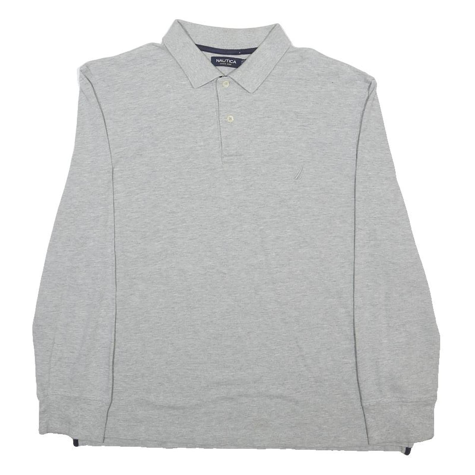 NAUTICA Mens Grey Long Sleeve Plain L Cotton Polo Shirt Classic Fit