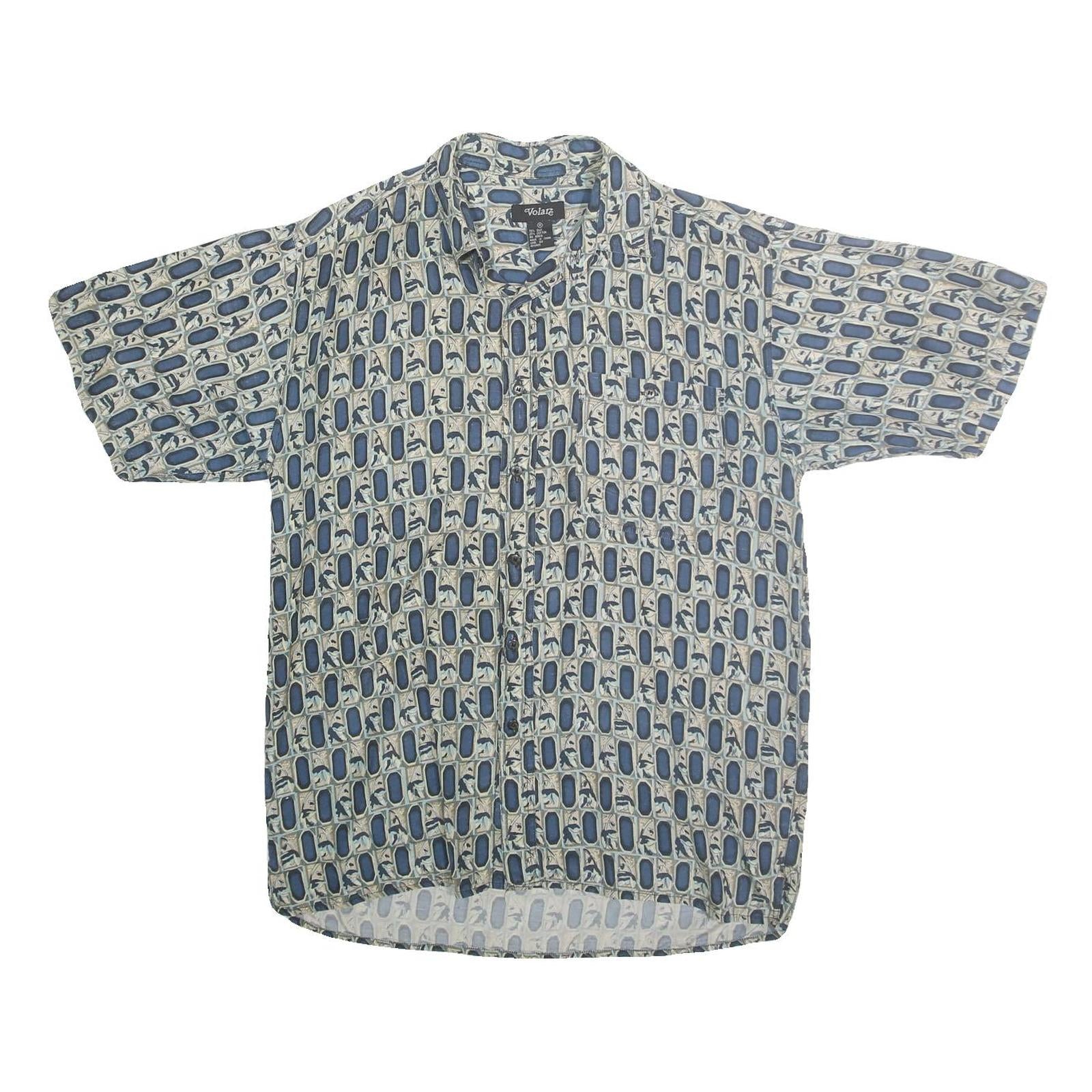 VOLARE Mens Blue Patterned Cotton Shirt M Short Sleeve Casual