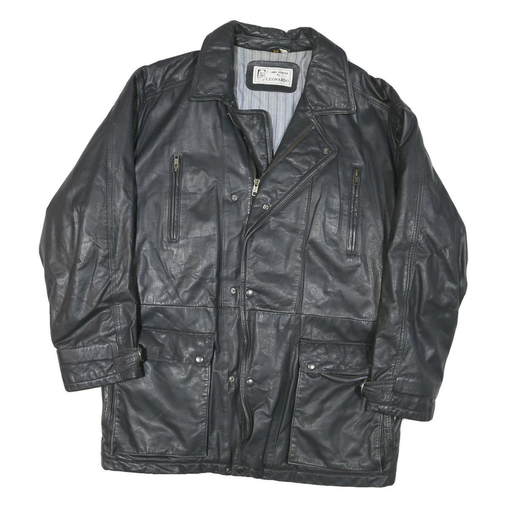 LEONARDO Womens Black Leather Button Jacket M Classic Outerwear