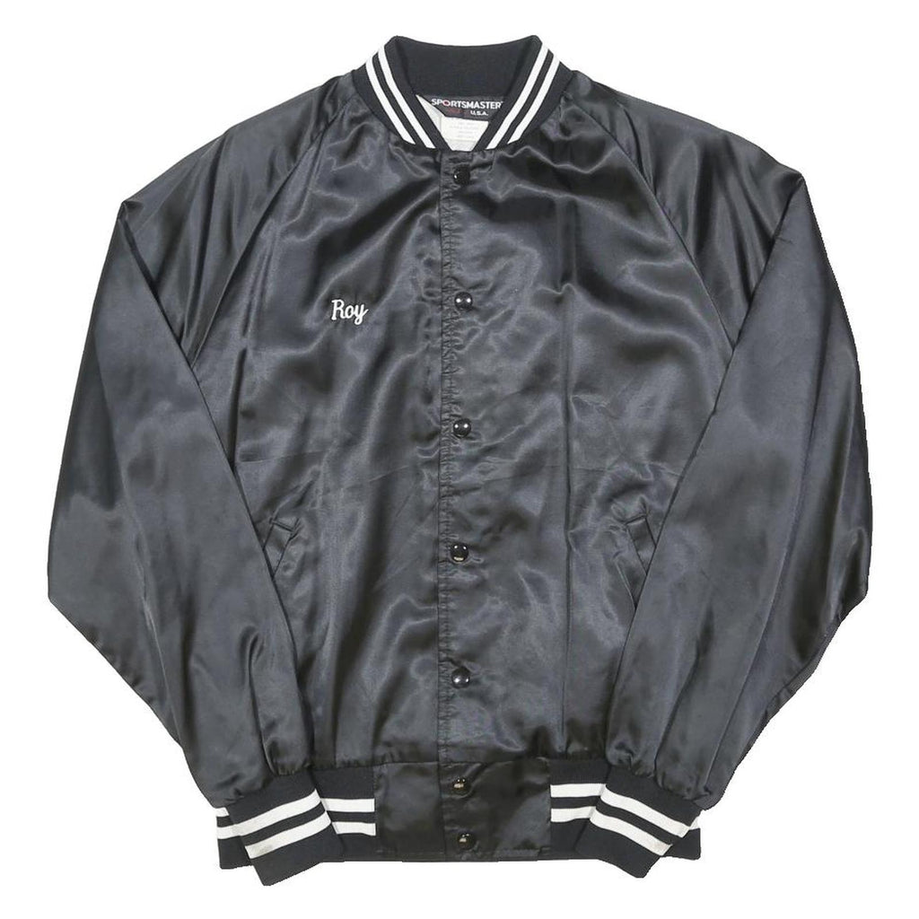 SPORTS MASTER Mens Black Satin Button Jacket L Nylon Retro Vintage Bomber