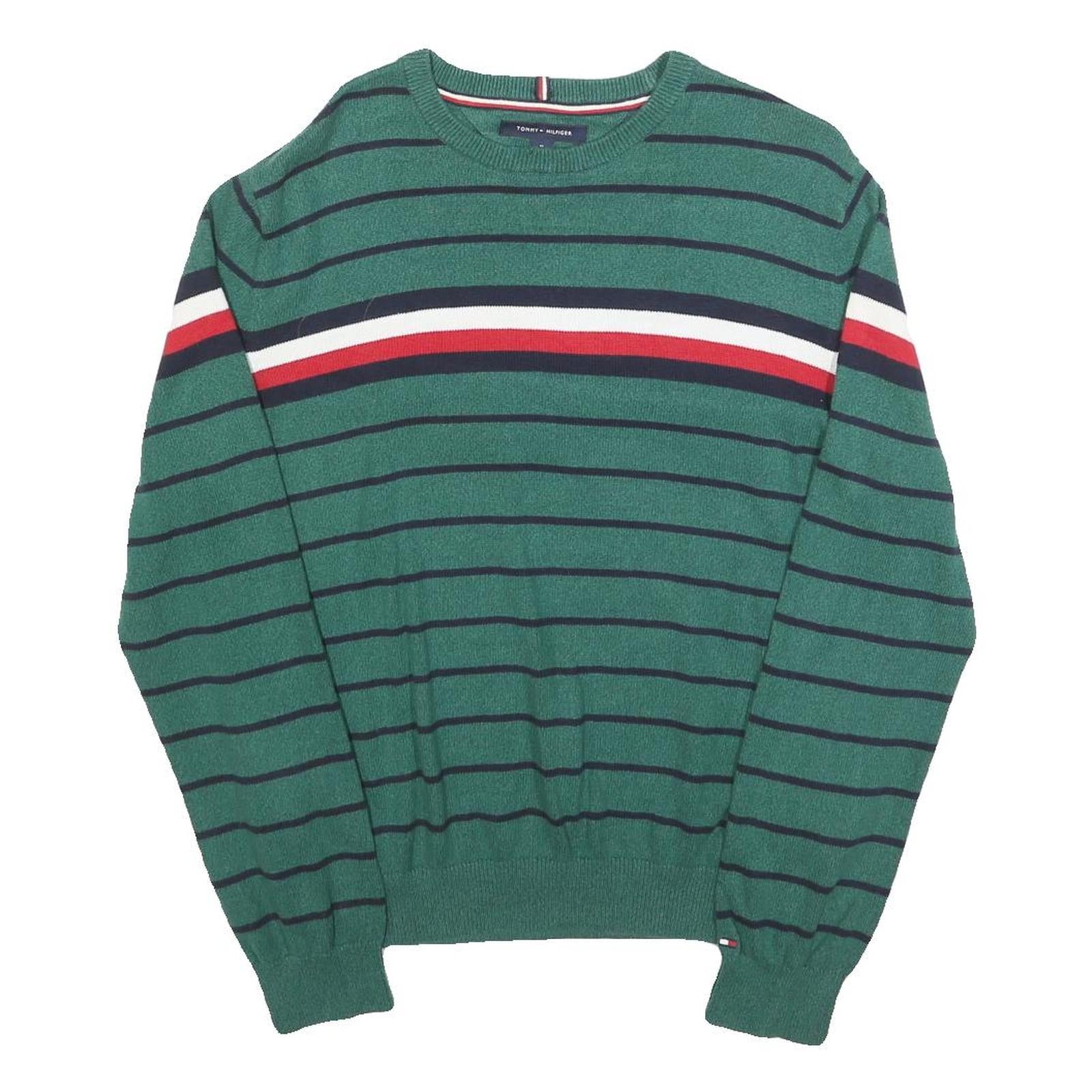 TOMMY HILFIGER Mens Green & Navy Striped Jumper Crew Neck Basic Knit M Cotton