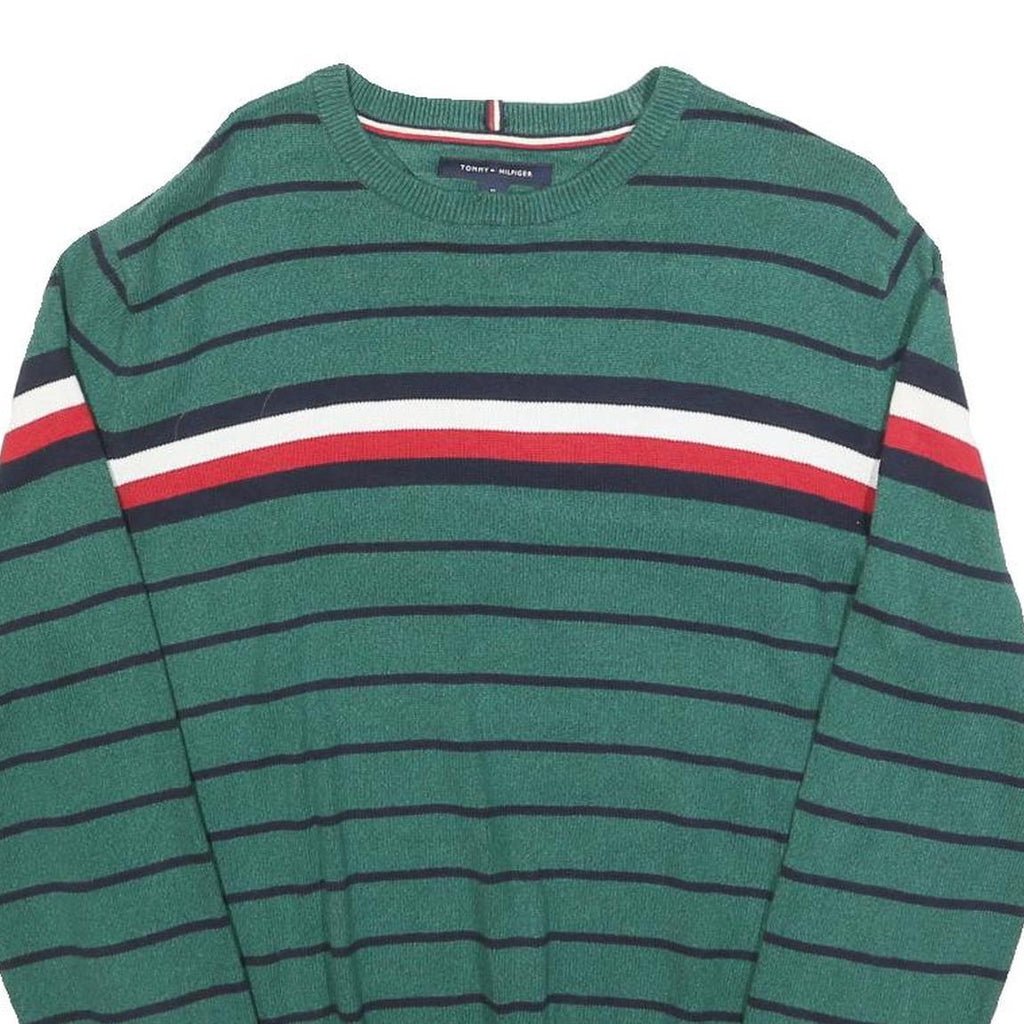 TOMMY HILFIGER Mens Green & Navy Striped Jumper Crew Neck Basic Knit M Cotton