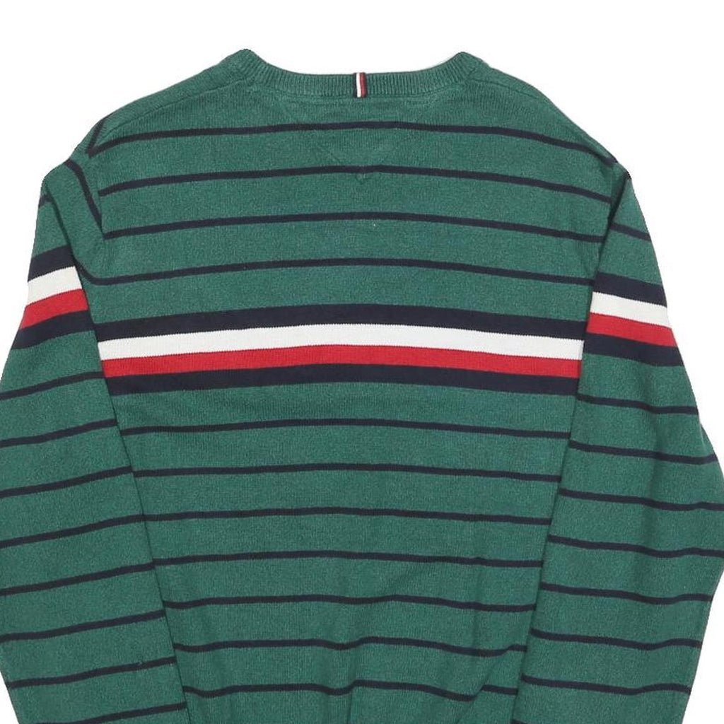 TOMMY HILFIGER Mens Green & Navy Striped Jumper Crew Neck Basic Knit M Cotton