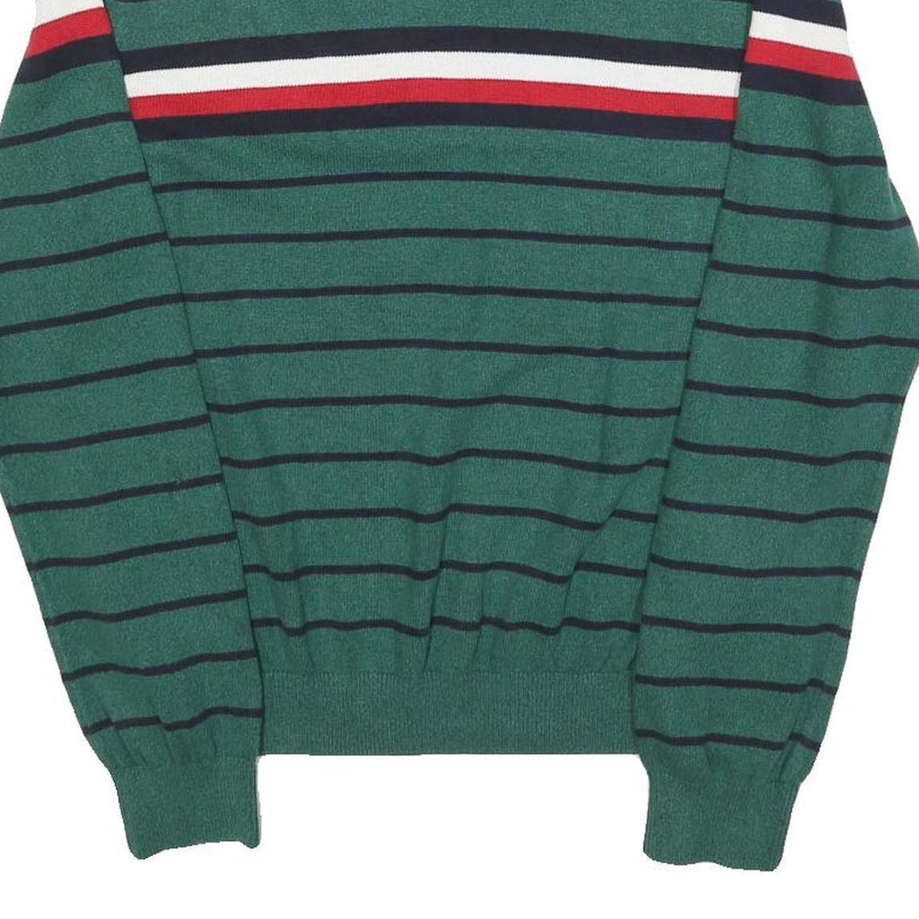 TOMMY HILFIGER Mens Green & Navy Striped Jumper Crew Neck Basic Knit M Cotton