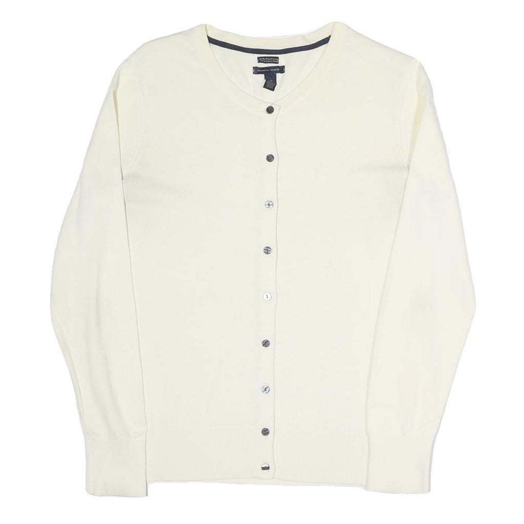 TOMMY HILFIGER Womens Cream Button Up Plain Crew Neck Basic Knit L Cotton Blend