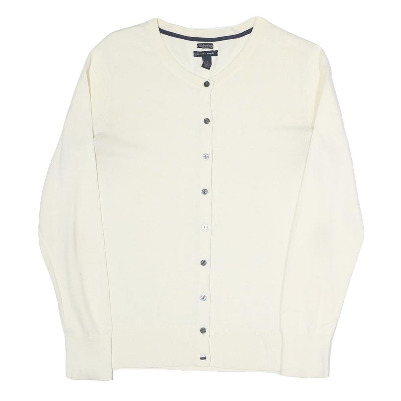 TOMMY HILFIGER Womens Cream Button Up Plain Crew Neck Basic Knit L Cotton Blend
