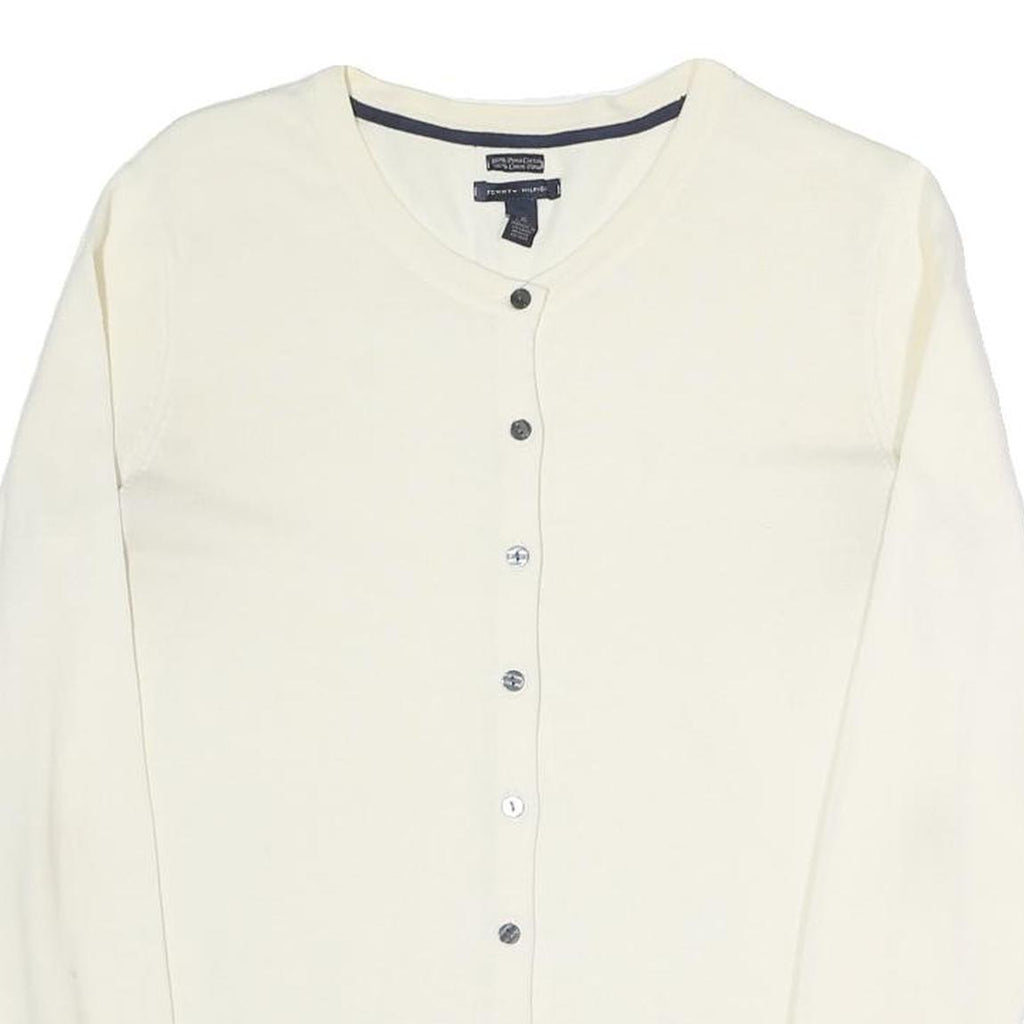TOMMY HILFIGER Womens Cream Button Up Plain Crew Neck Basic Knit L Cotton Blend