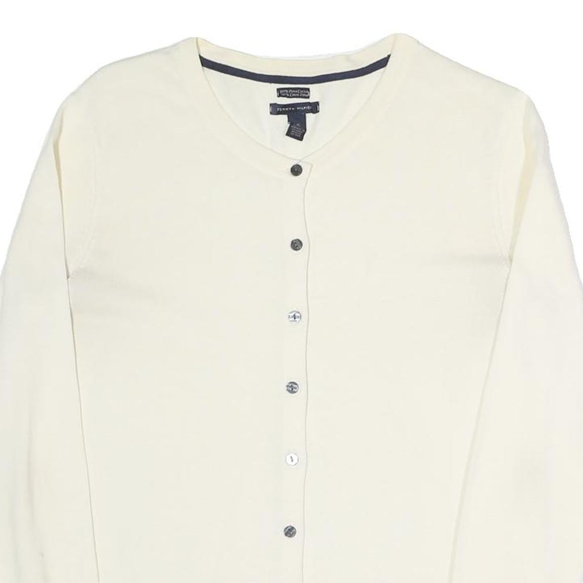 TOMMY HILFIGER Womens Cream Button Up Plain Crew Neck Basic Knit L Cotton Blend