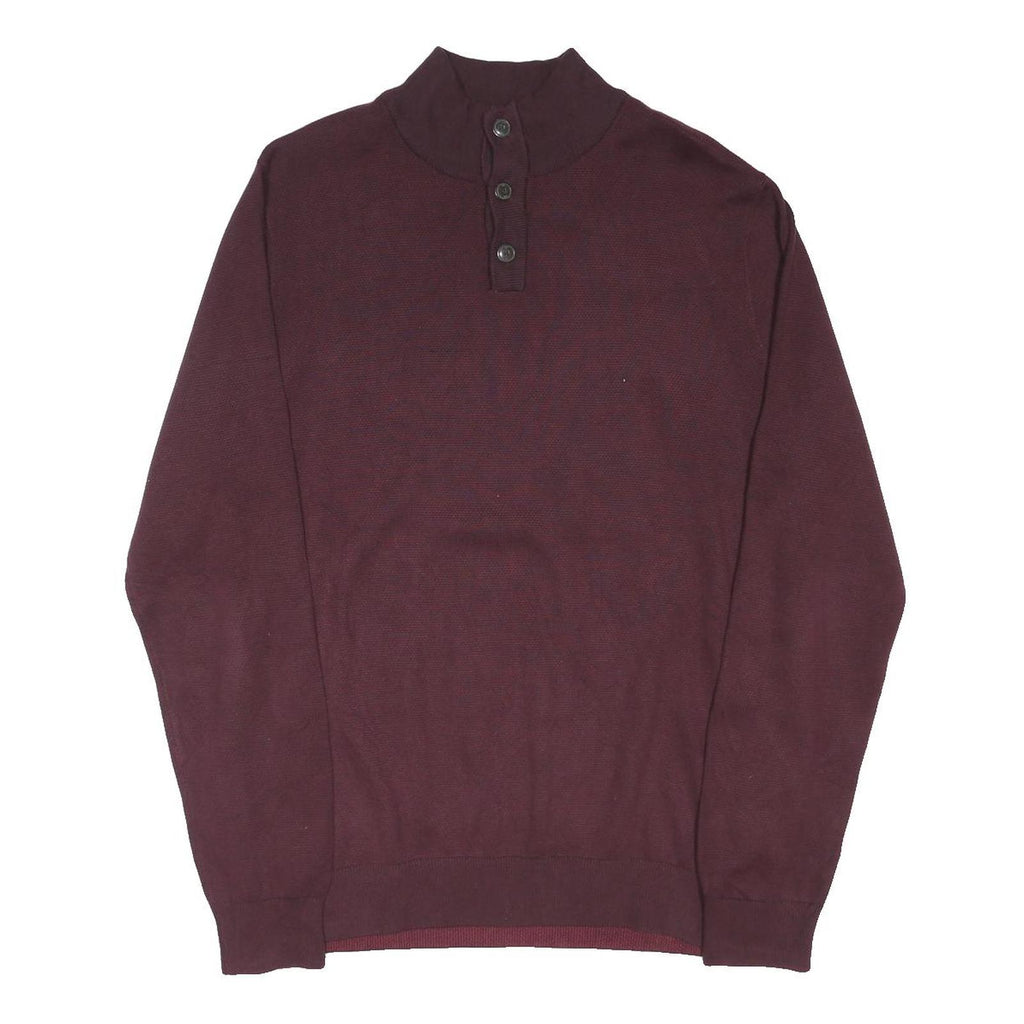 TOMMY HILFIGER Mens Maroon Plain Button Up Jumper Crew Neck Cotton Blend XL