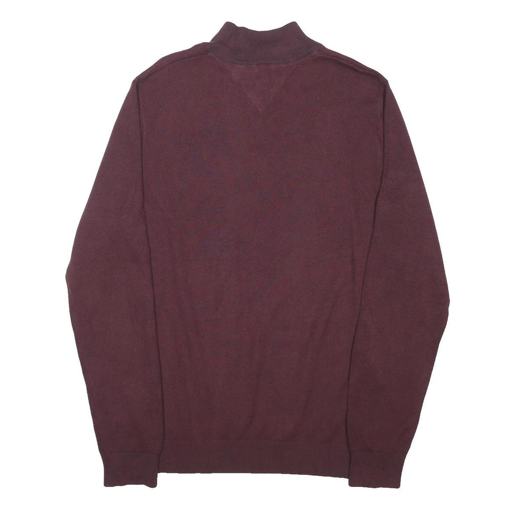 TOMMY HILFIGER Mens Maroon Plain Button Up Jumper Crew Neck Cotton Blend XL