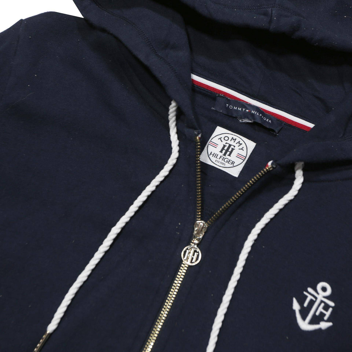 TOMMY HILFIGER Womens Navy Blue Zip Hoodie L Nautical Anchor Logo