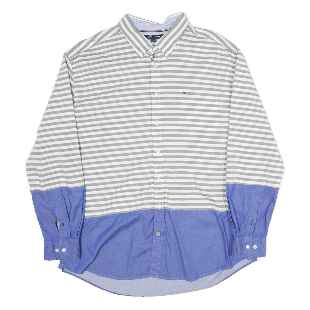 TOMMY HILFIGER Mens Grey & White Blue Stripe 2XL Cotton Button Shirt Casual