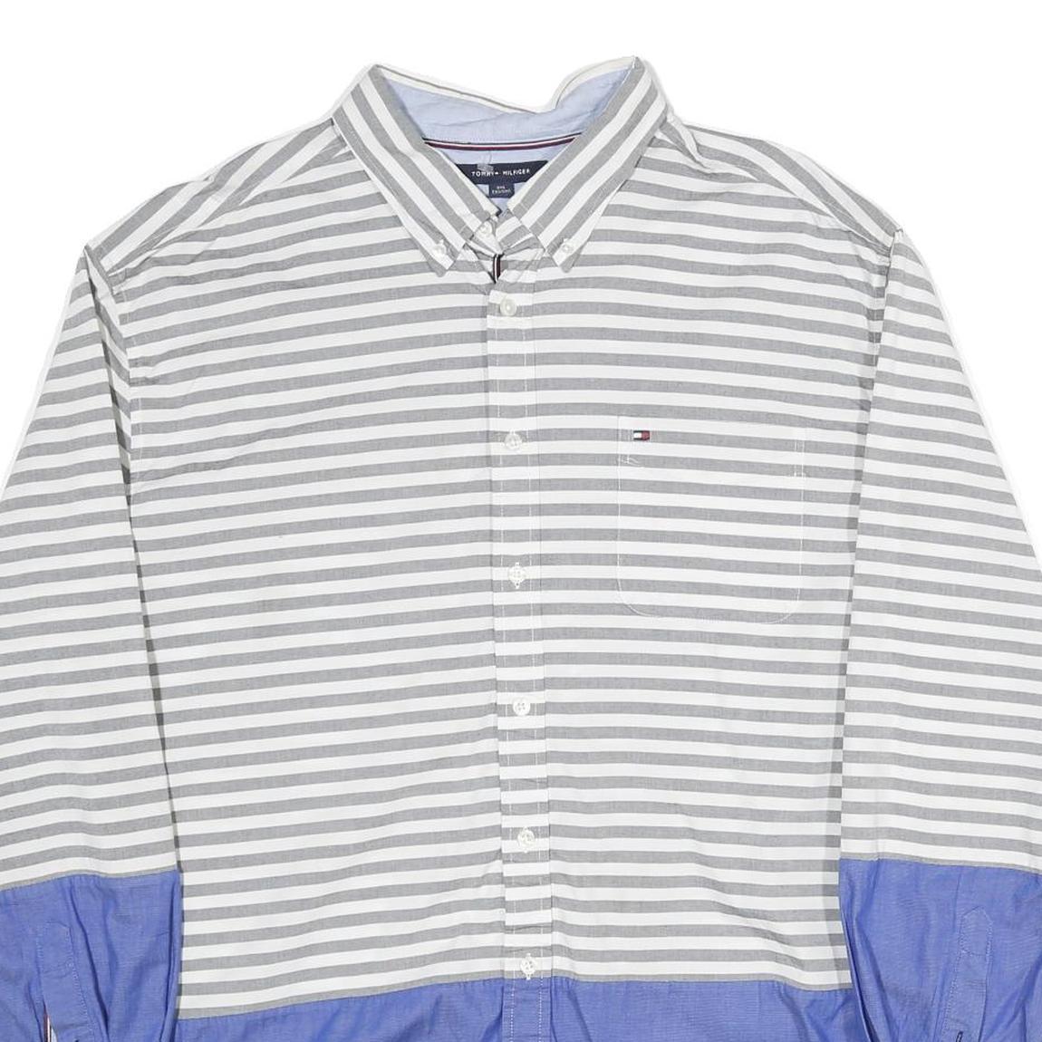 TOMMY HILFIGER Mens Grey & White Blue Stripe 2XL Cotton Button Shirt Casual