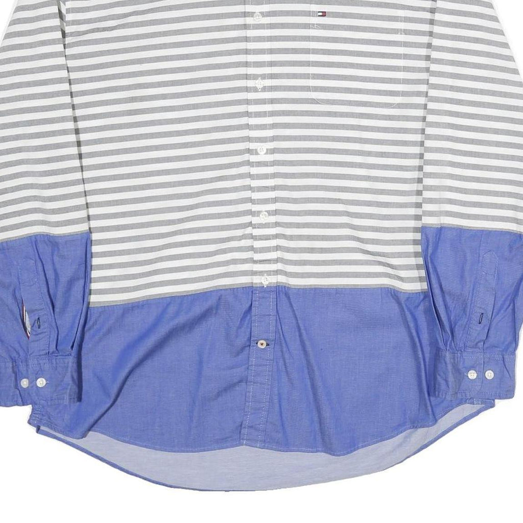 TOMMY HILFIGER Mens Grey & White Blue Stripe 2XL Cotton Button Shirt Casual