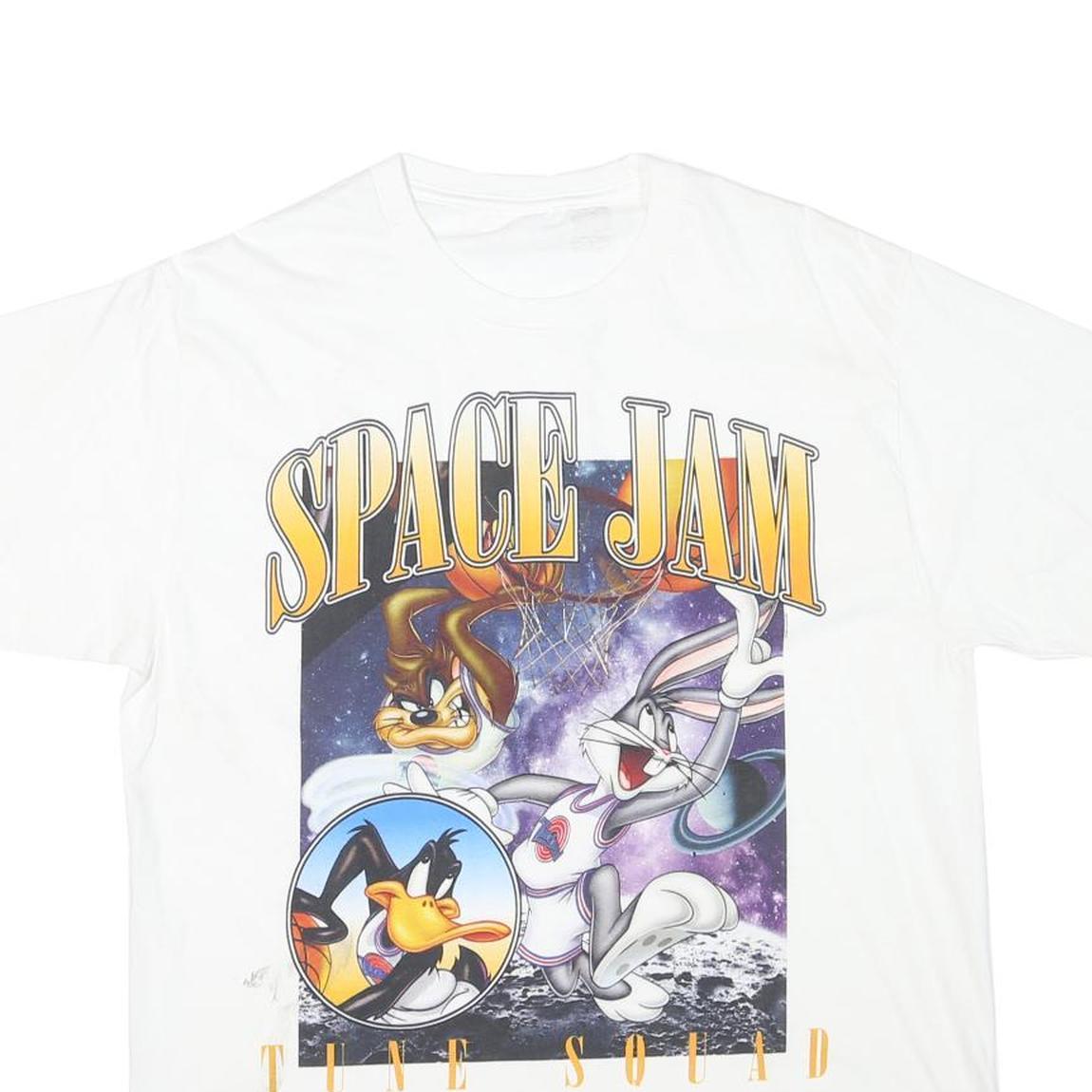 Mens White Space Jam Graphic T-Shirt M Short Sleeve Crew Neck Cartoon Print