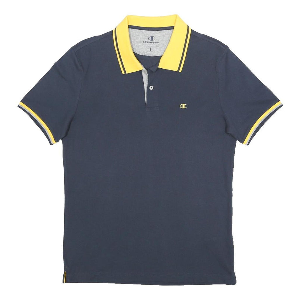 CHAMPION Boys Navy & Yellow Cotton Blend Polo Shirt L Short Sleeve Basic