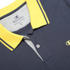 CHAMPION Boys Navy & Yellow Cotton Blend Polo Shirt L Short Sleeve Basic