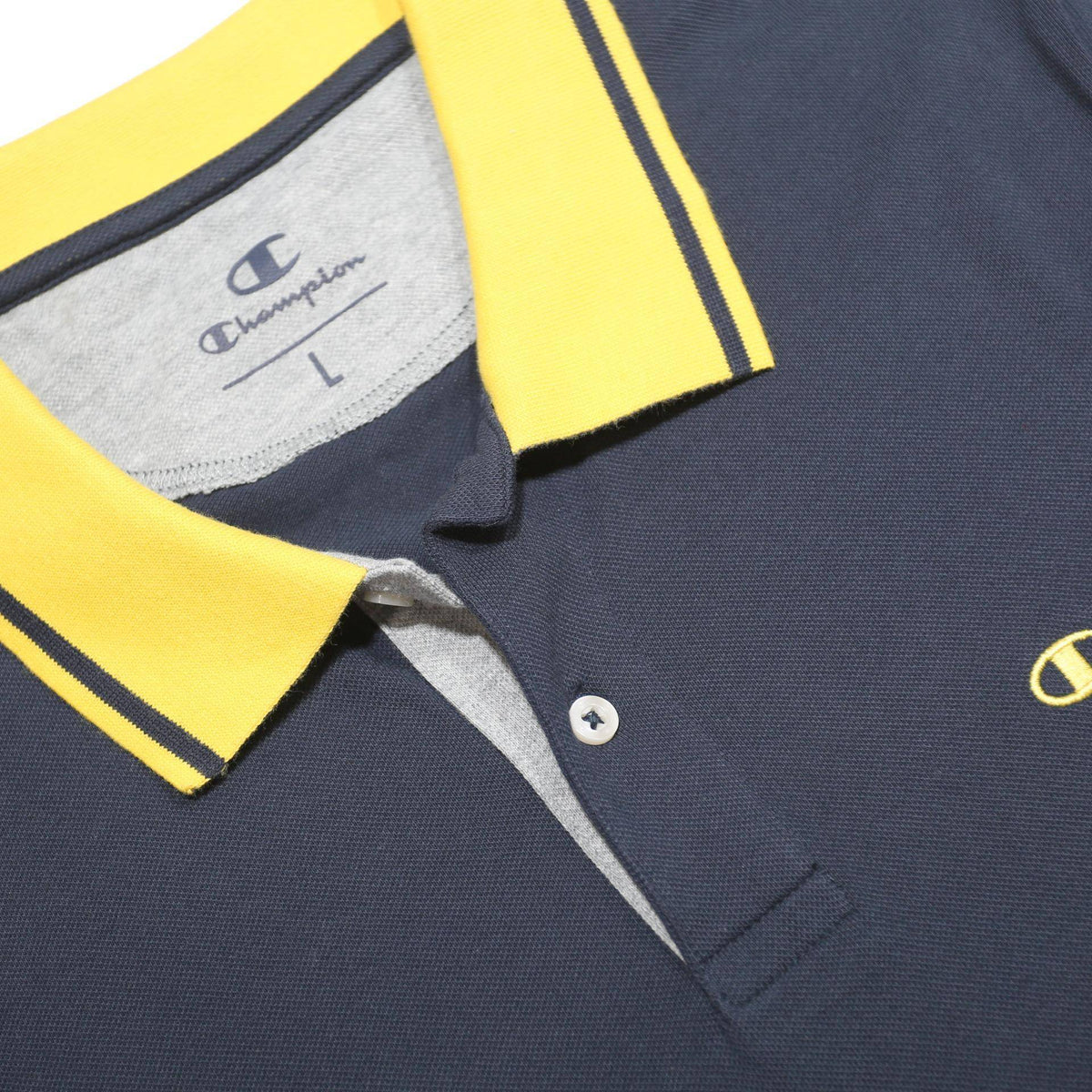 CHAMPION Boys Navy & Yellow Cotton Blend Polo Shirt L Short Sleeve Basic