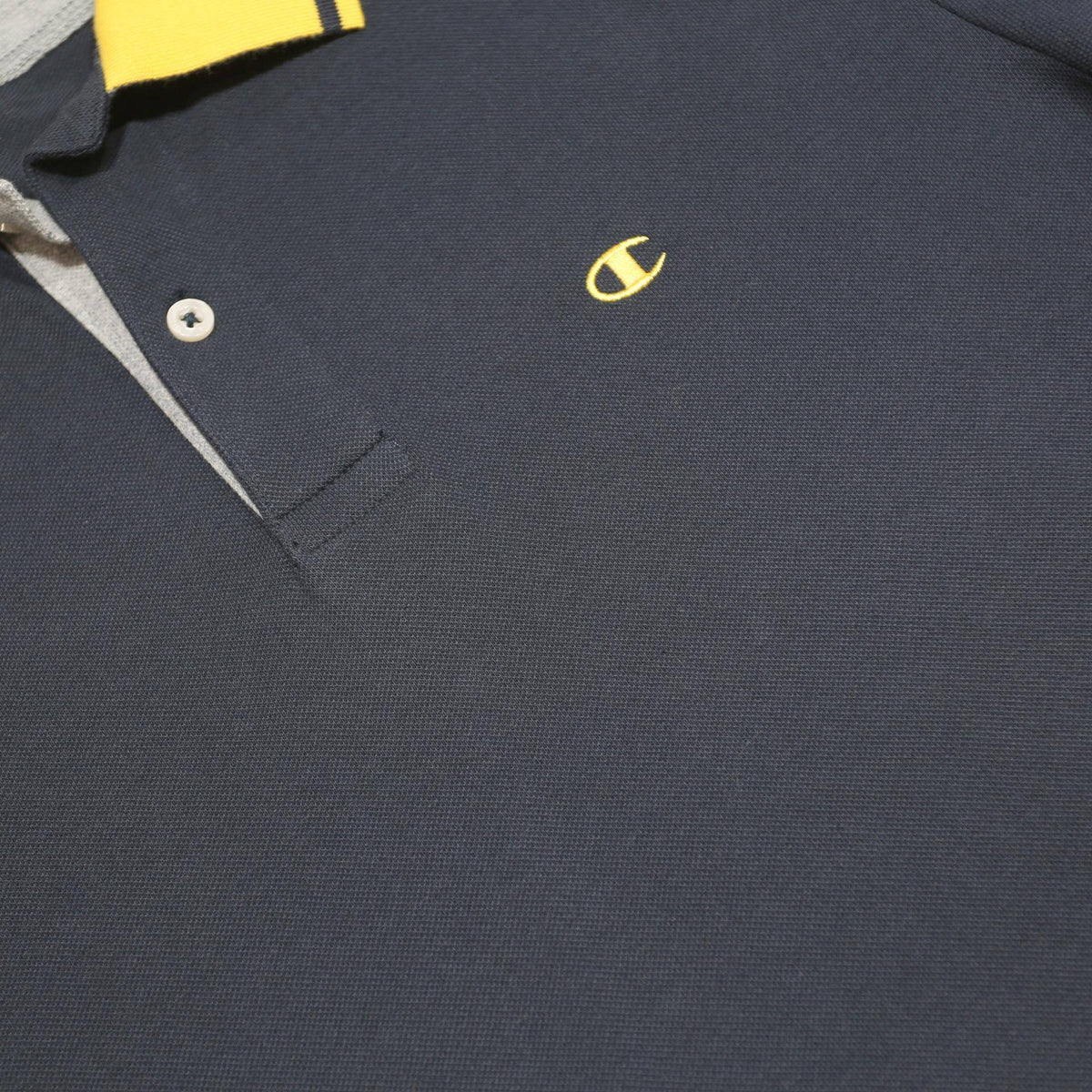 CHAMPION Boys Navy & Yellow Cotton Blend Polo Shirt L Short Sleeve Basic