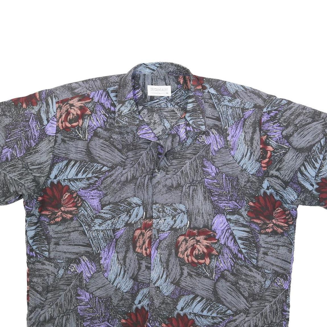 ROMAN Mens Black Purple Floral Print Shirt 2XL Polyester Blend Casual Summer