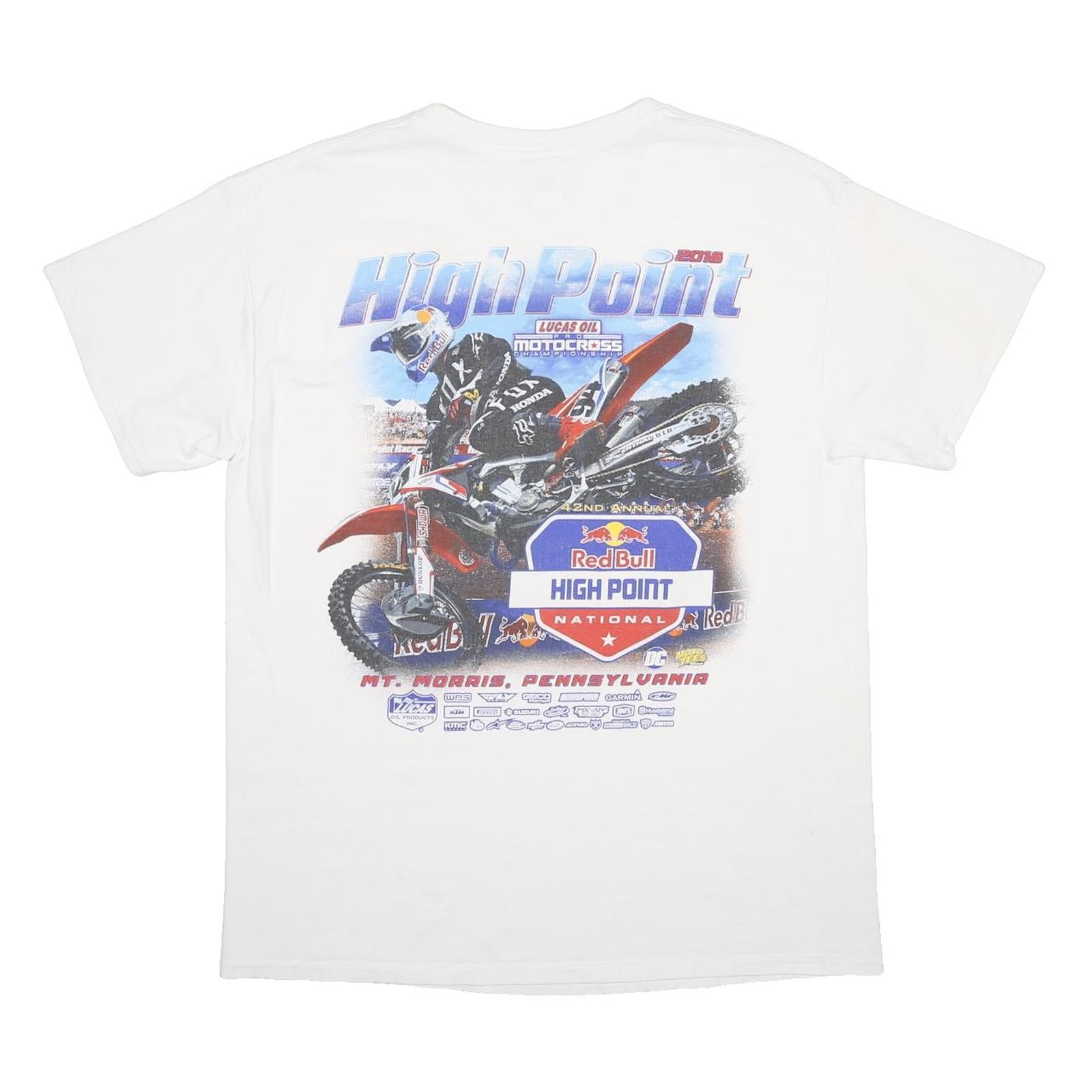 GILDAN Mens White Red Bull High Point National Graphic T-Shirt L Short Sleeve