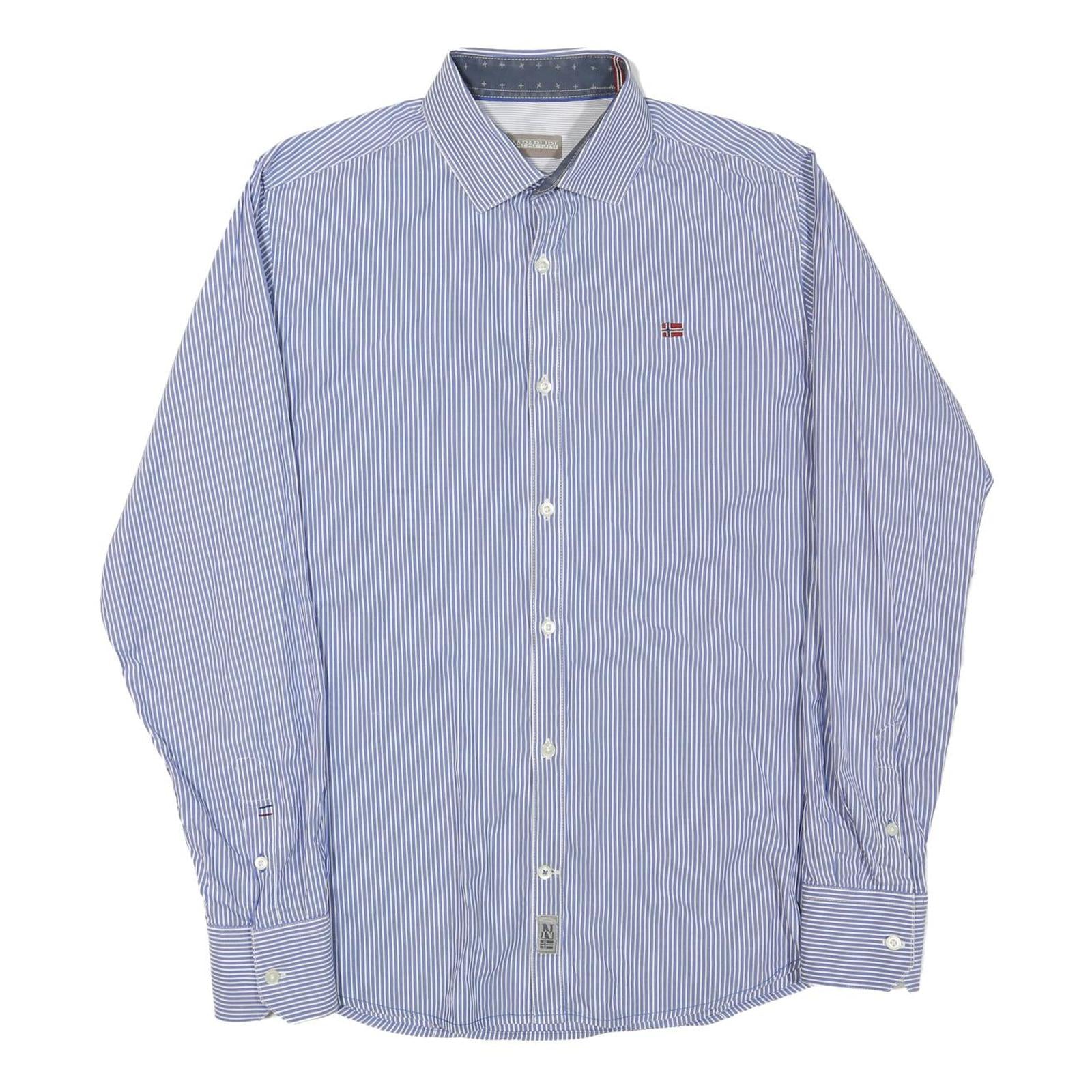 NAPAPIJRI Mens Blue & White Striped Shirt M Cotton Blend Formal Long Sleeve