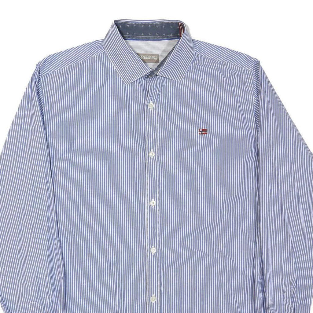 NAPAPIJRI Mens Blue & White Striped Shirt M Cotton Blend Formal Long Sleeve