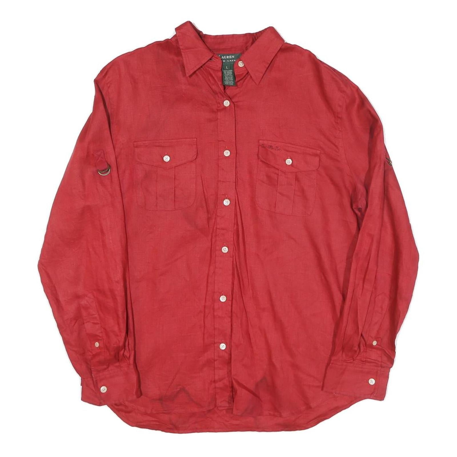 LAUREN RALPH LAUREN Womens Red Linen Shirt L Long Sleeve Button Up Casual