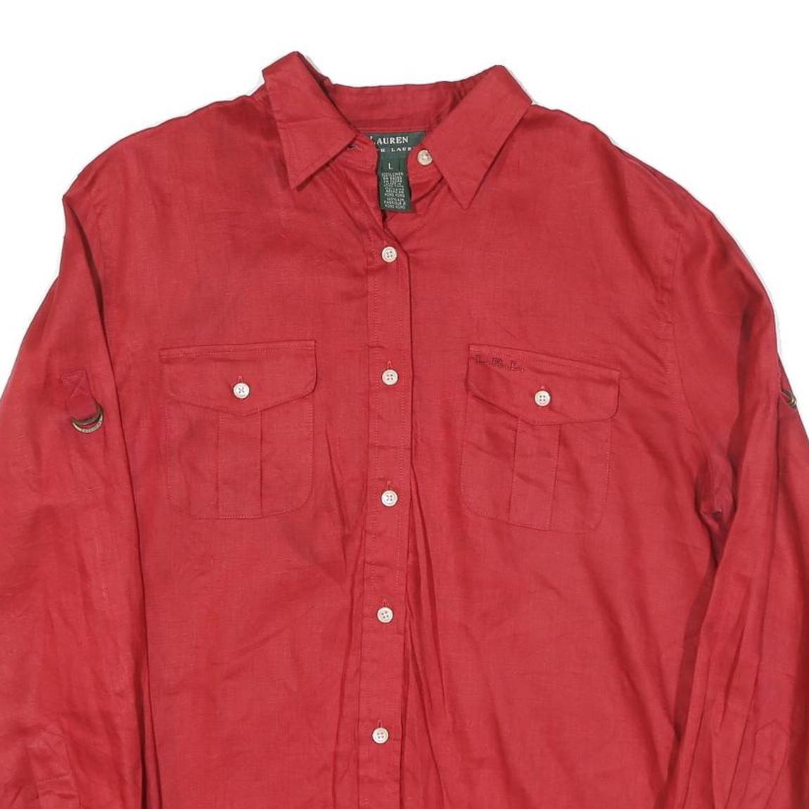 LAUREN RALPH LAUREN Womens Red Linen Shirt L Long Sleeve Button Up Casual