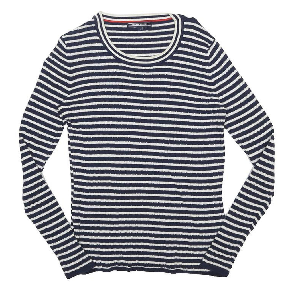 TOMMY HILFIGER Womens Blue & White Striped Plain Crew Neck Basic Knit Jumper S