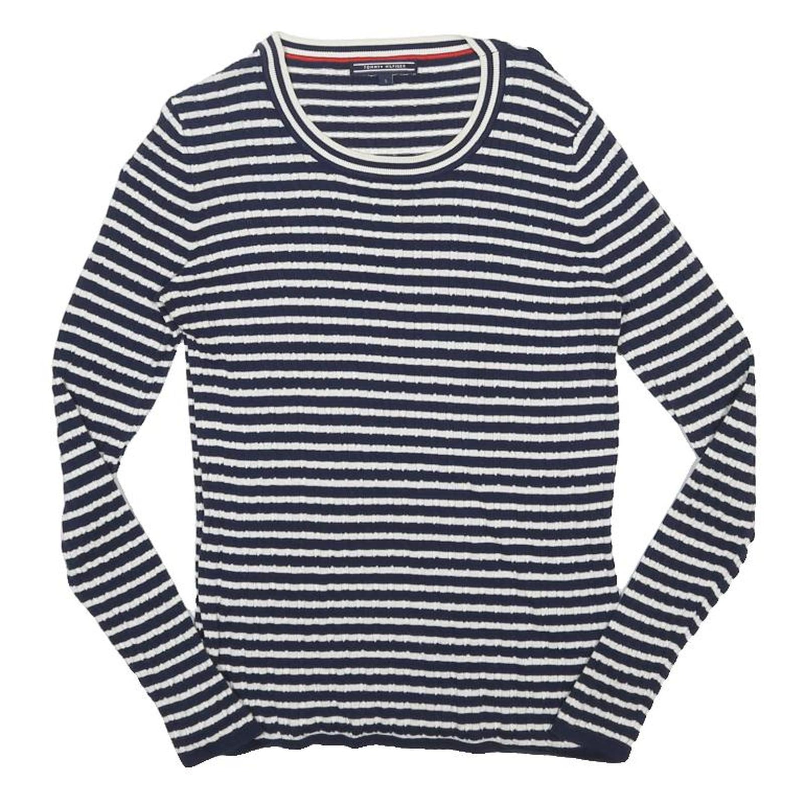 TOMMY HILFIGER Womens Blue & White Striped Plain Crew Neck Basic Knit Jumper S