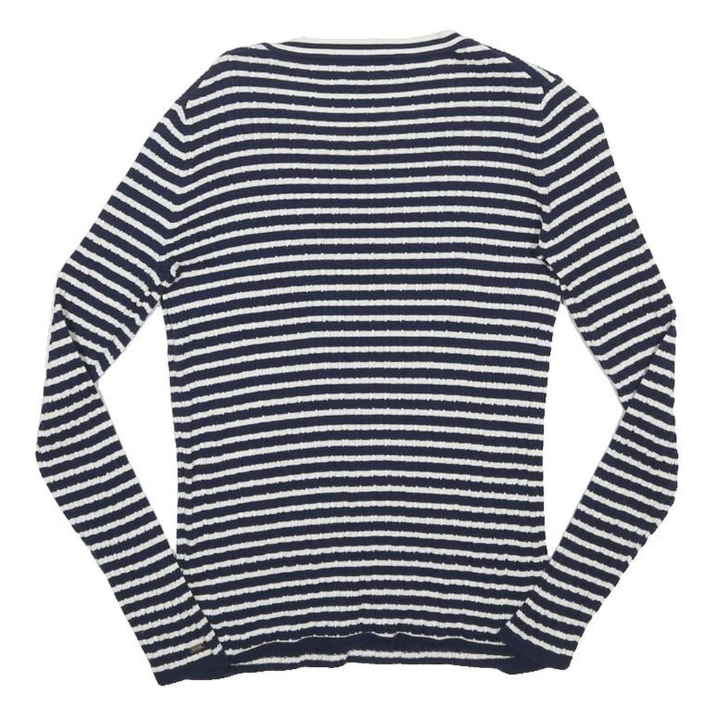 TOMMY HILFIGER Womens Blue & White Striped Plain Crew Neck Basic Knit Jumper S
