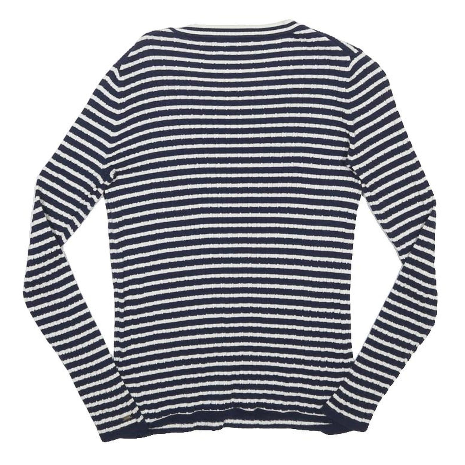 TOMMY HILFIGER Womens Blue & White Striped Plain Crew Neck Basic Knit Jumper S