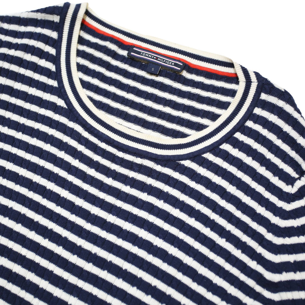 TOMMY HILFIGER Womens Blue & White Striped Plain Crew Neck Basic Knit Jumper S