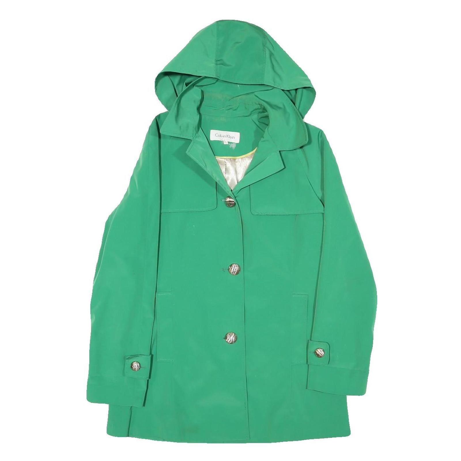 CALVIN KLEIN Womens Green Button Jacket S Polyester Blend Hooded Classic Fit