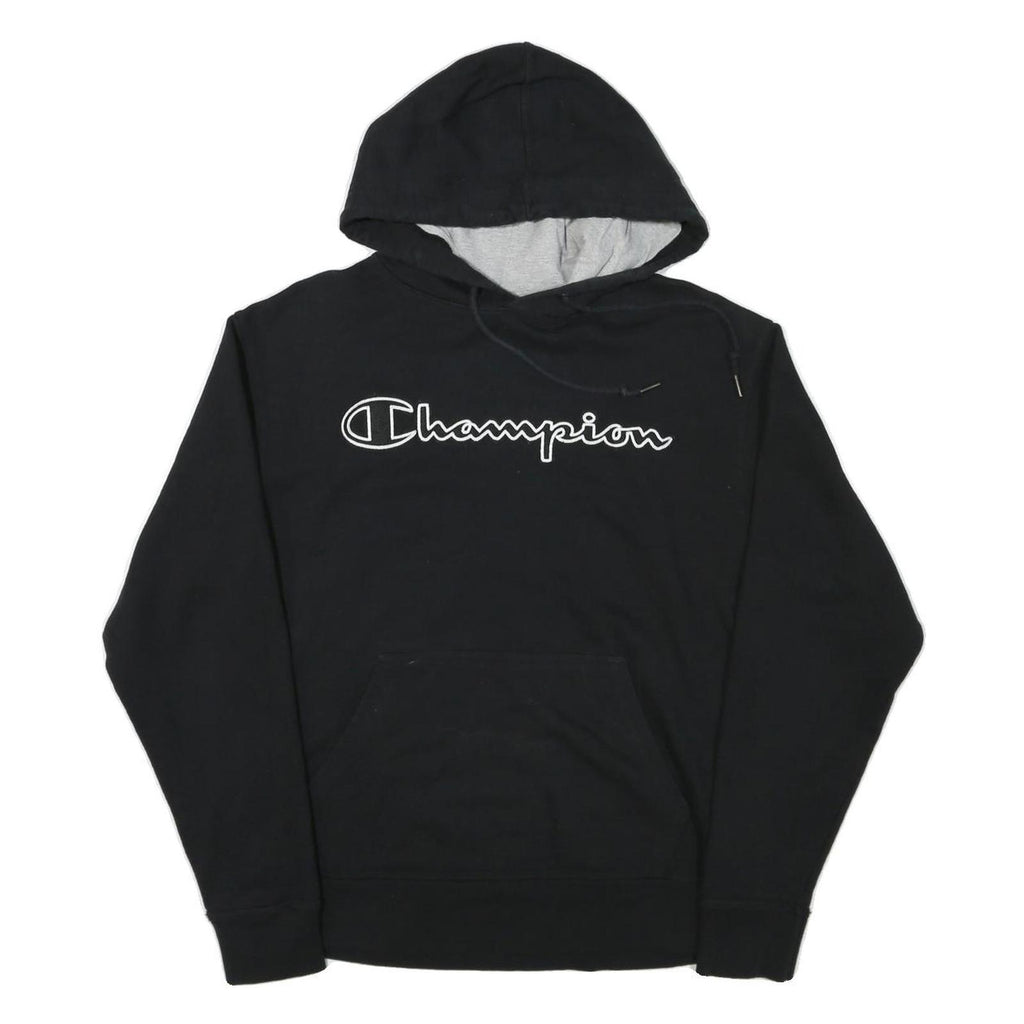 CHAMPION Mens Black Hoodie M Logo Embroidered Cotton Blend Pullover