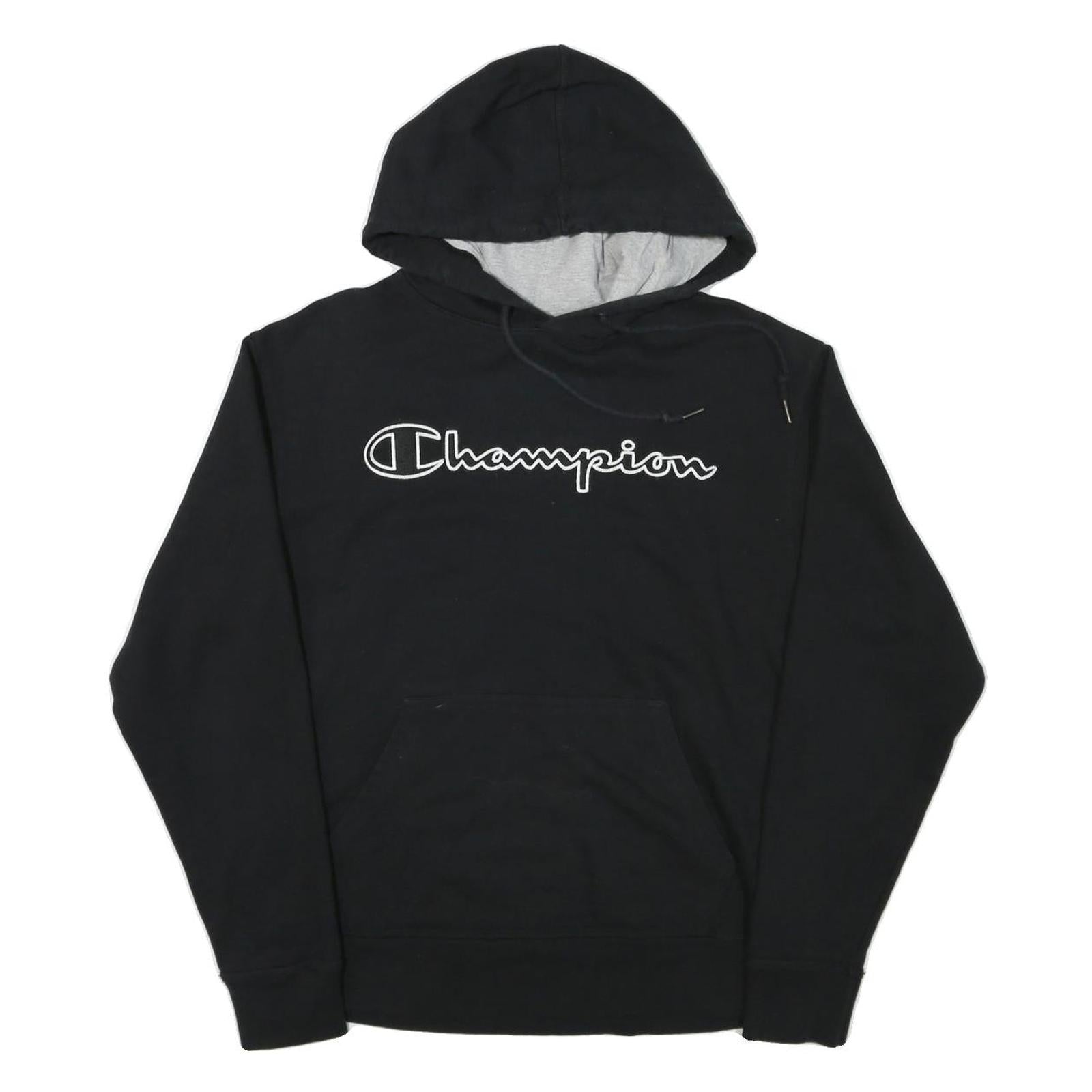 CHAMPION Mens Black Hoodie M Logo Embroidered Cotton Blend Pullover