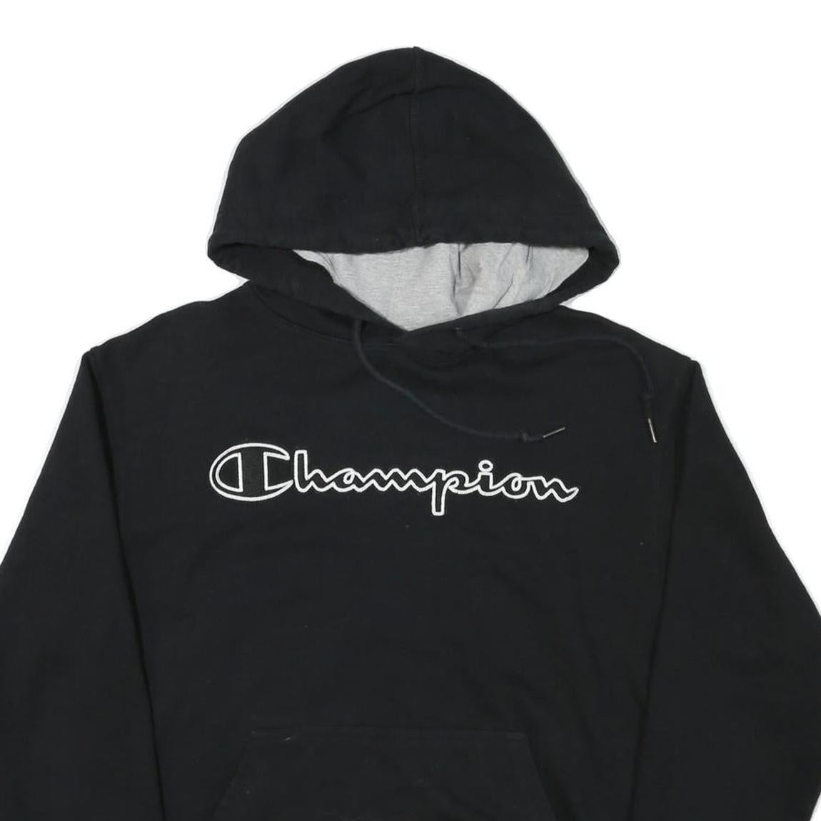 CHAMPION Mens Black Hoodie M Logo Embroidered Cotton Blend Pullover