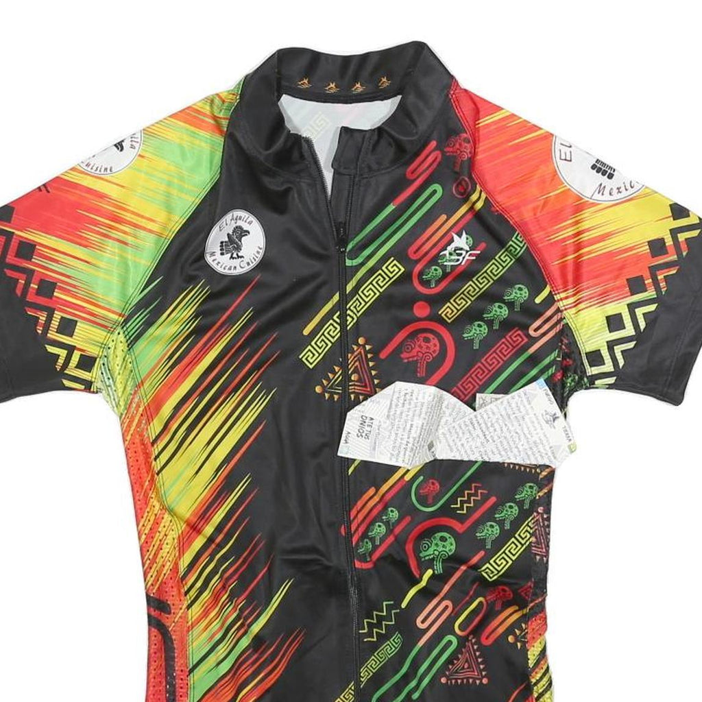 Mens Black & Red Graphic Cycling T-Shirt S Short Sleeve Zip Neck Pocket Sports
