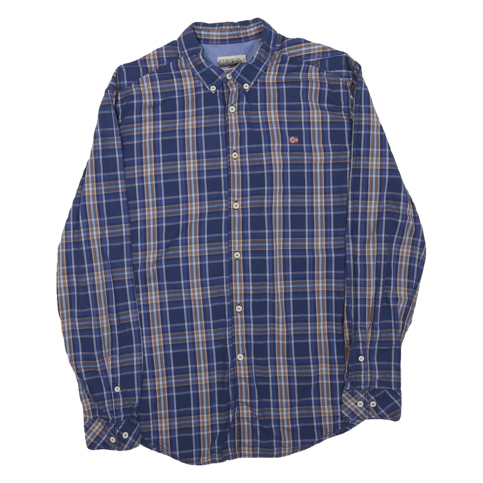 NAPAPIJRI Mens Blue & Brown Check Shirt L Button-Down Long Sleeve Cotton Blend