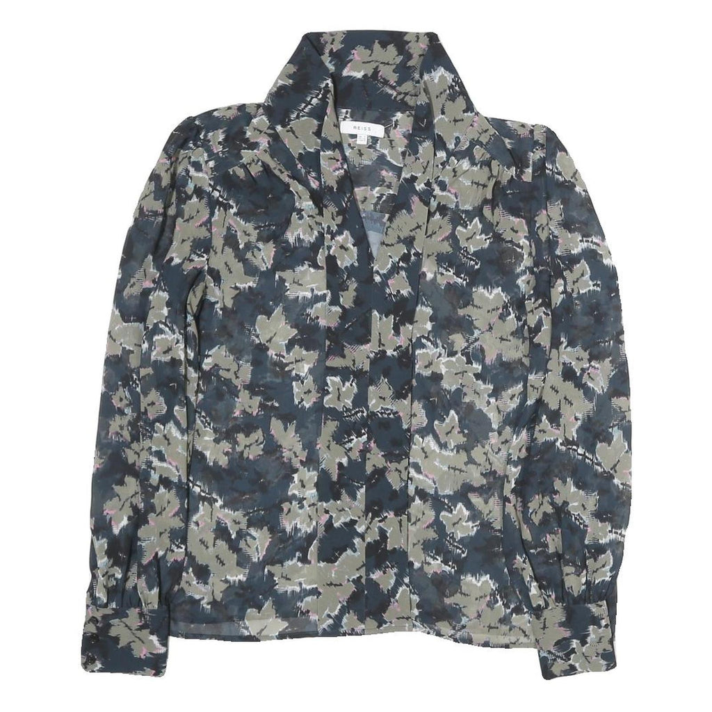 REISS Womens Blue & Grey Floral Shirt Long Sleeve V-Neck UK 4 Elegant Blouse