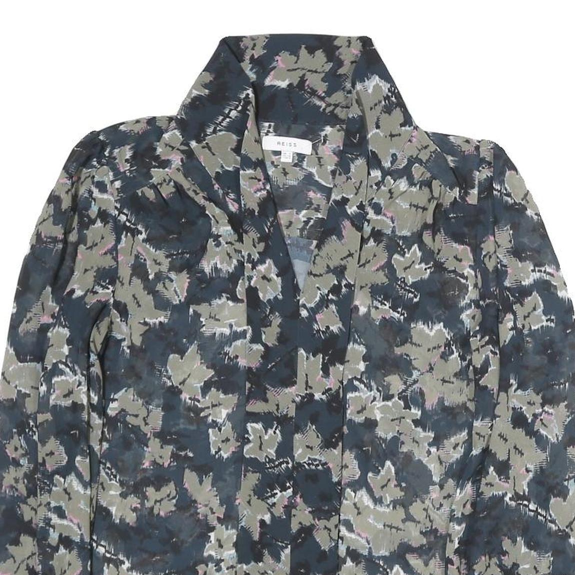 REISS Womens Blue & Grey Floral Shirt Long Sleeve V-Neck UK 4 Elegant Blouse