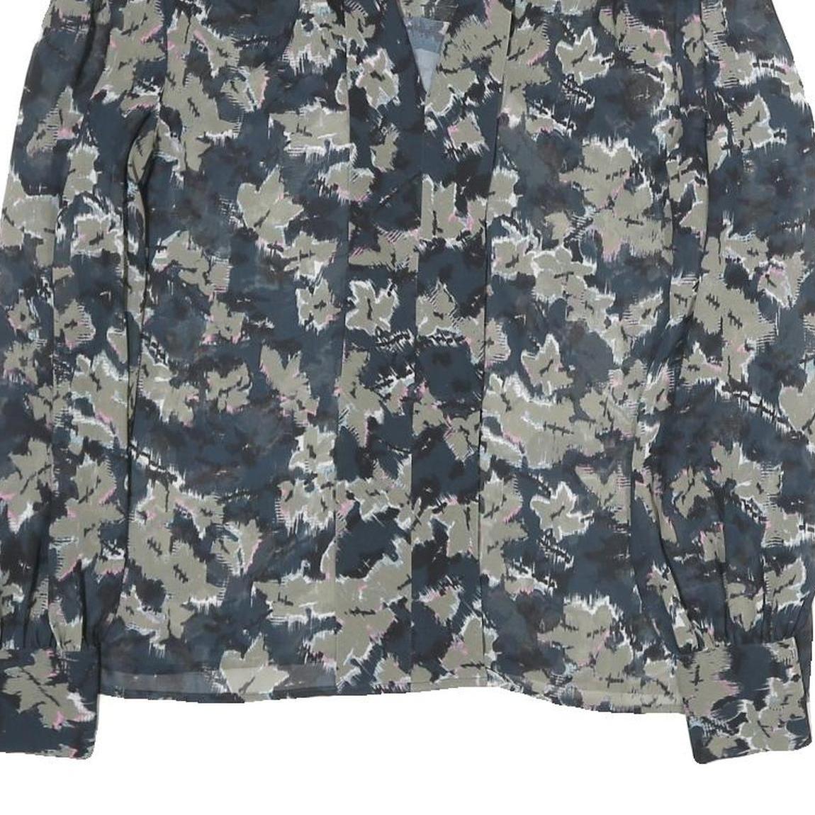 REISS Womens Blue & Grey Floral Shirt Long Sleeve V-Neck UK 4 Elegant Blouse