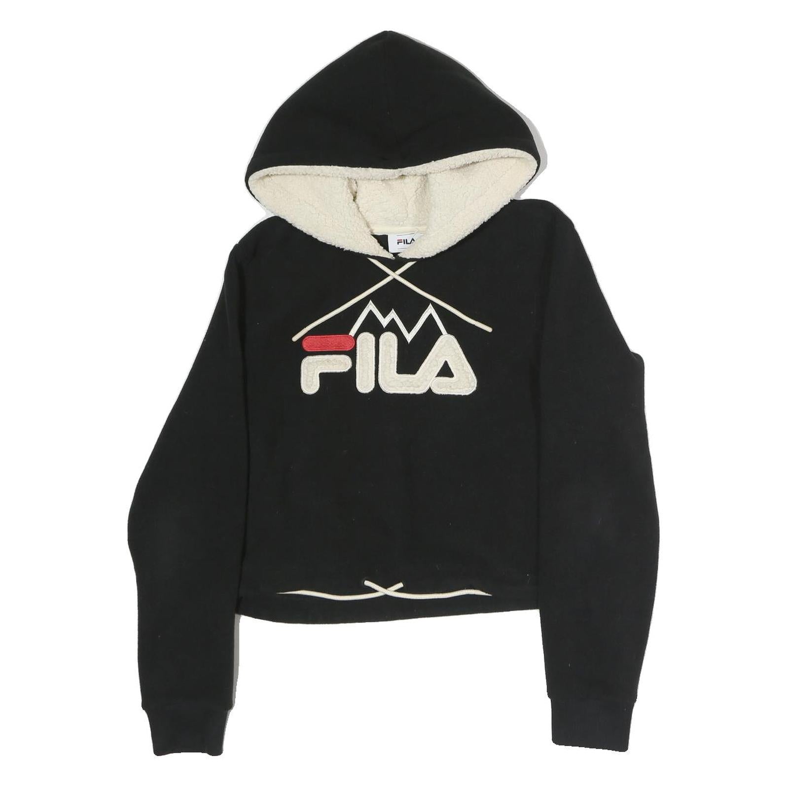 FILA Womens Black Cotton Hoodie S Sherpa Lined Drawstring Hood Pullover