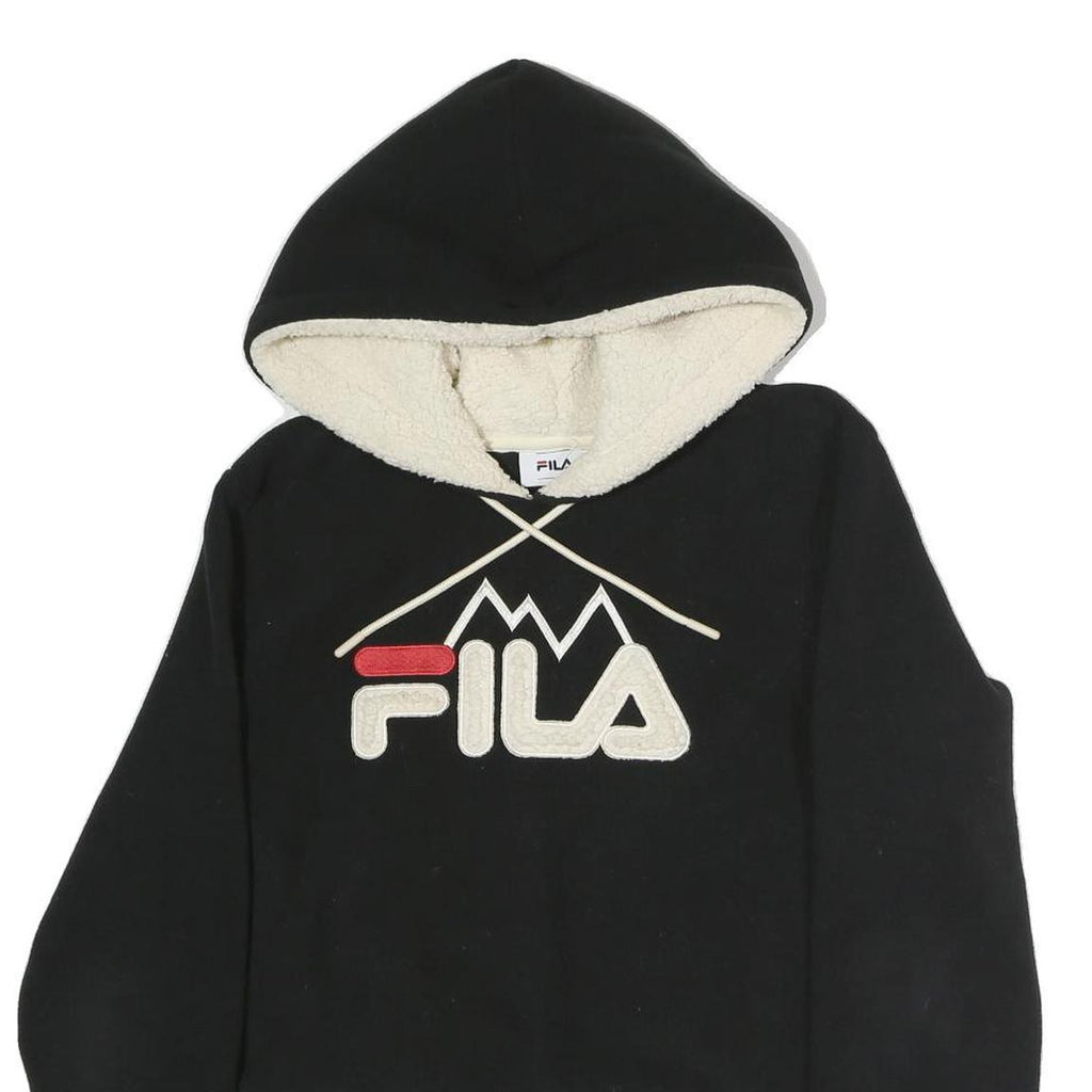 FILA Womens Black Cotton Hoodie S Sherpa Lined Drawstring Hood Pullover